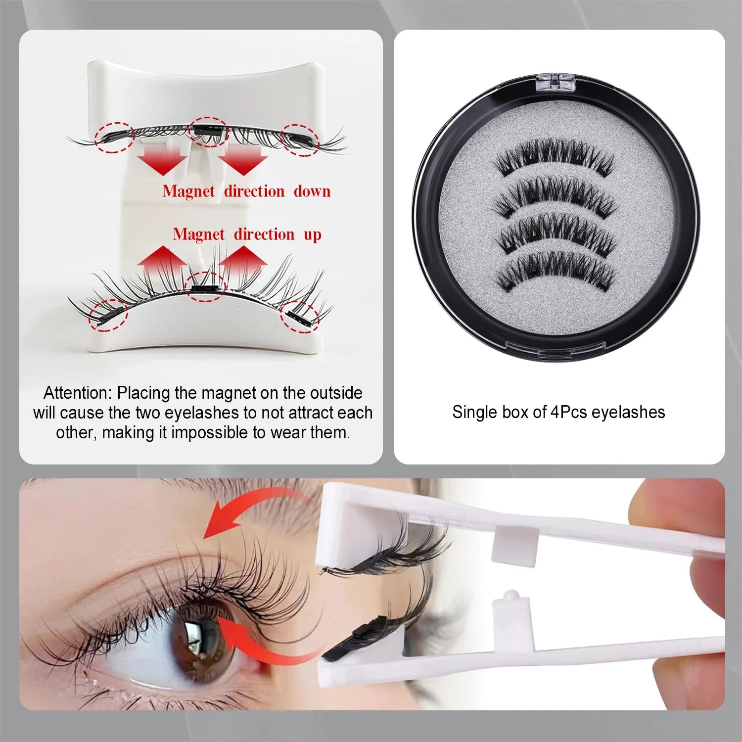 Eyelash packaging with magnetic eyelashes, instructions, and a close-up of an eye wearing the lashes.