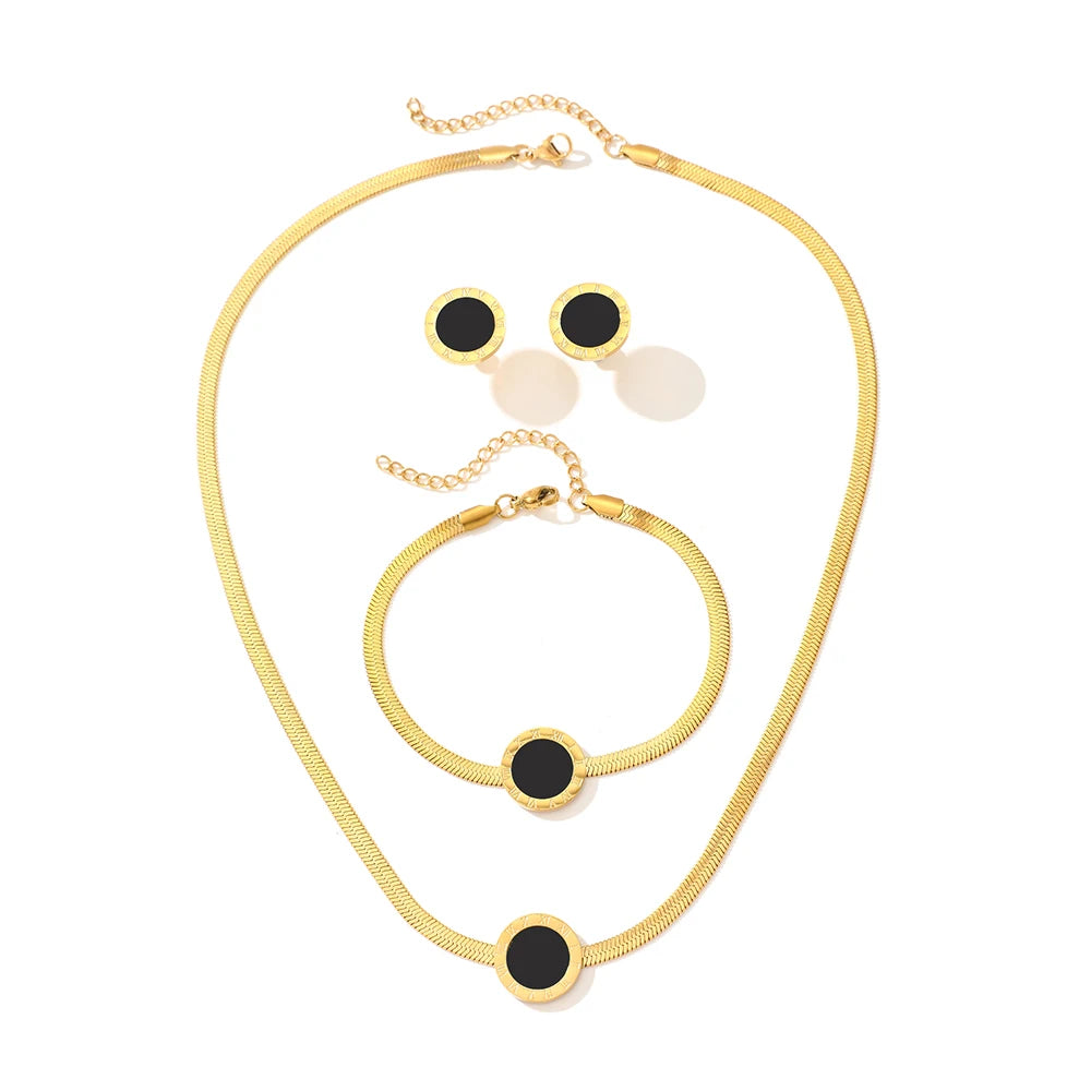 HERnniez Non - Tarnish Black Round Pendant Jewelry Set