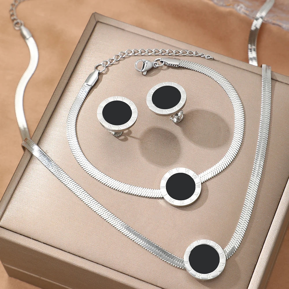 HERnniez Non - Tarnish Black Round Pendant Jewelry Set