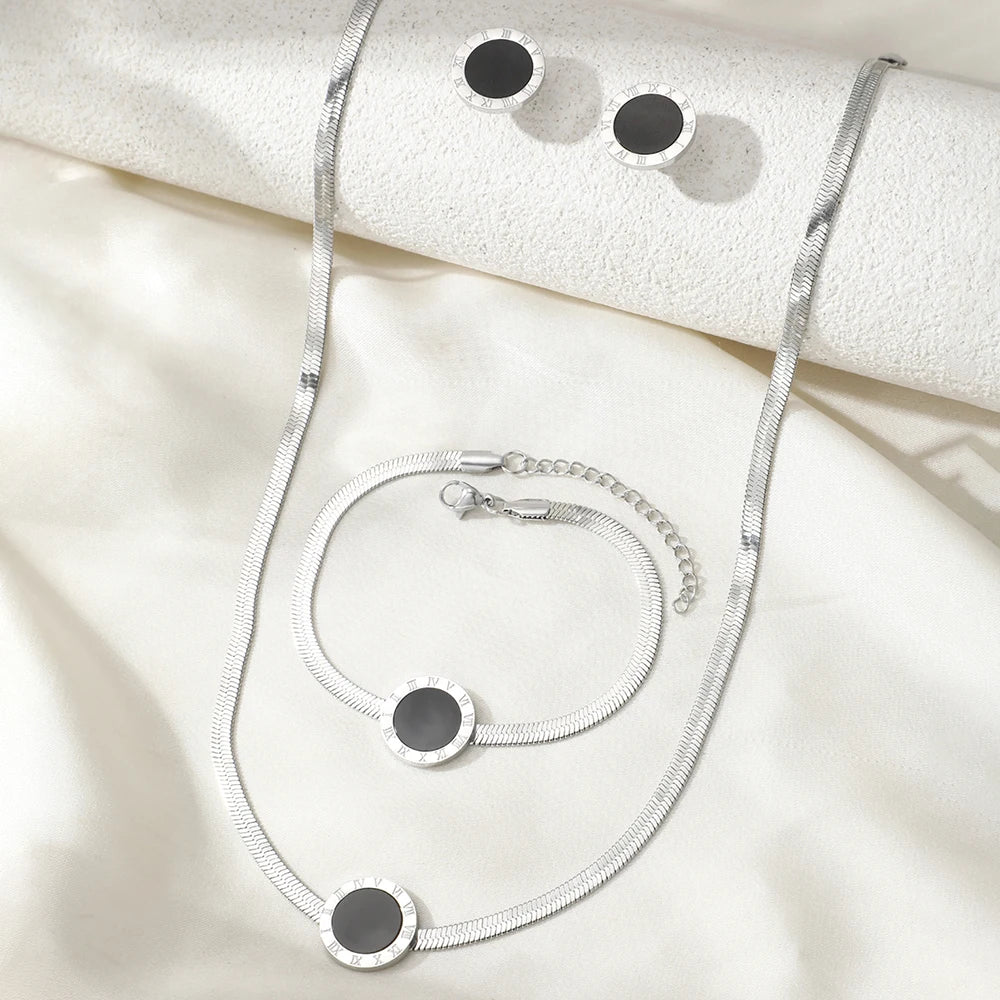 HERnniez Non - Tarnish Black Round Pendant Jewelry Set