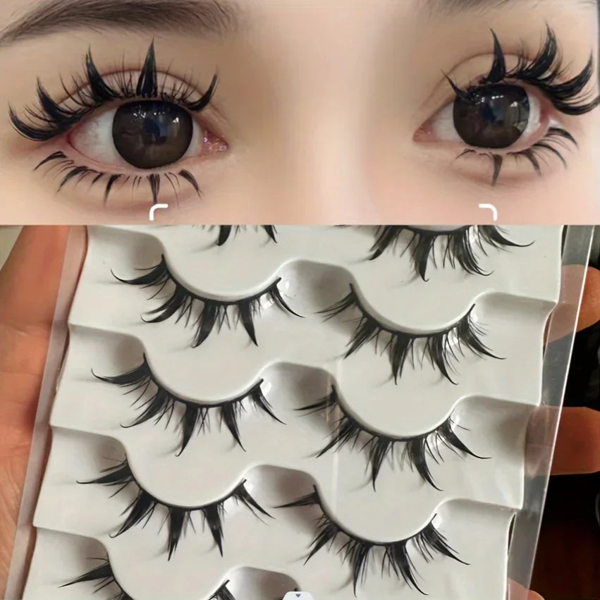 Eyelashes with a tray of false eyelashes and a close-up of an eye wearing the lashes.