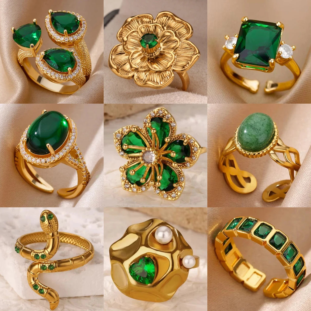 HERnniez Luxury Green Flower Rings Jewelry