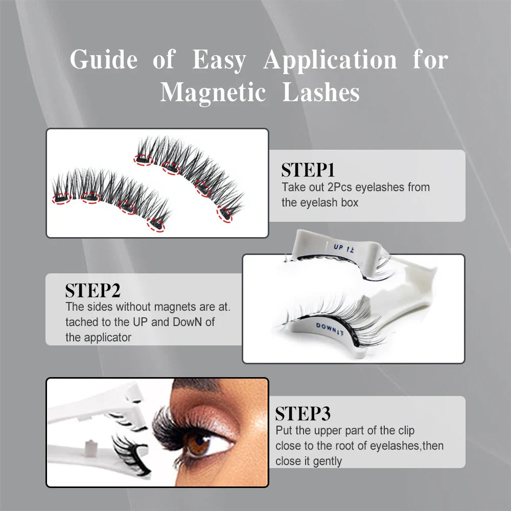 Step-by-step guide for applying magnetic eyelashes with text and images. 